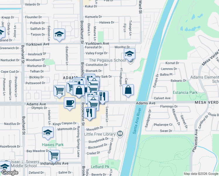 map of restaurants, bars, coffee shops, grocery stores, and more near 10220 Holburn Drive in Huntington Beach