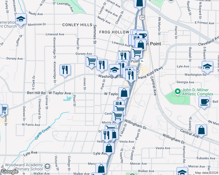 map of restaurants, bars, coffee shops, grocery stores, and more near 2971 Church Street in Atlanta