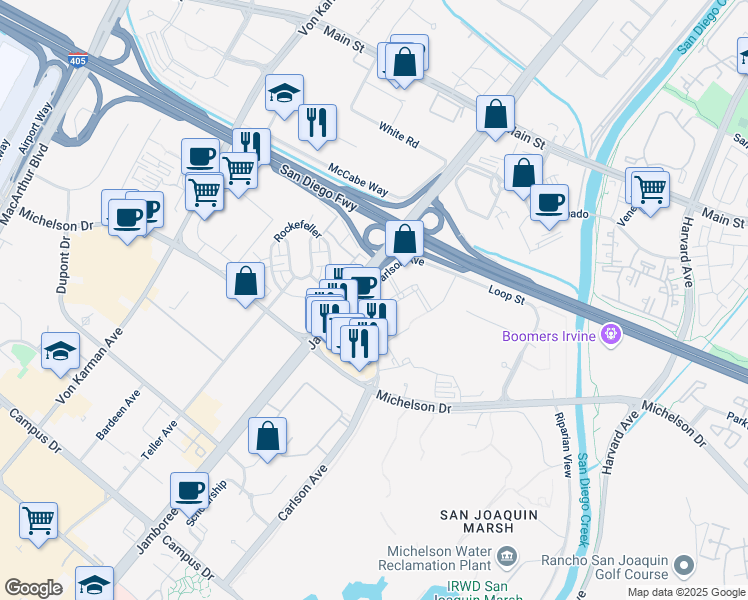 map of restaurants, bars, coffee shops, grocery stores, and more near 3121 Michelson Drive in Irvine