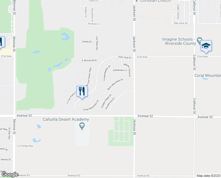 map of restaurants, bars, coffee shops, grocery stores, and more near 82803 Spirit Mountain Drive in Indio