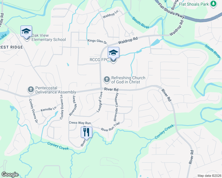 map of restaurants, bars, coffee shops, grocery stores, and more near 3322 River Road in Decatur