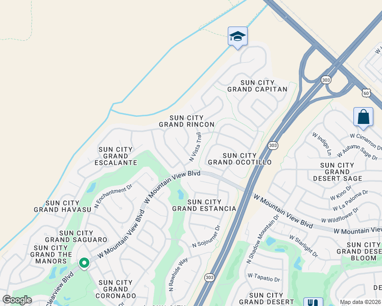 map of restaurants, bars, coffee shops, grocery stores, and more near 20835 North Vista Trail in Surprise