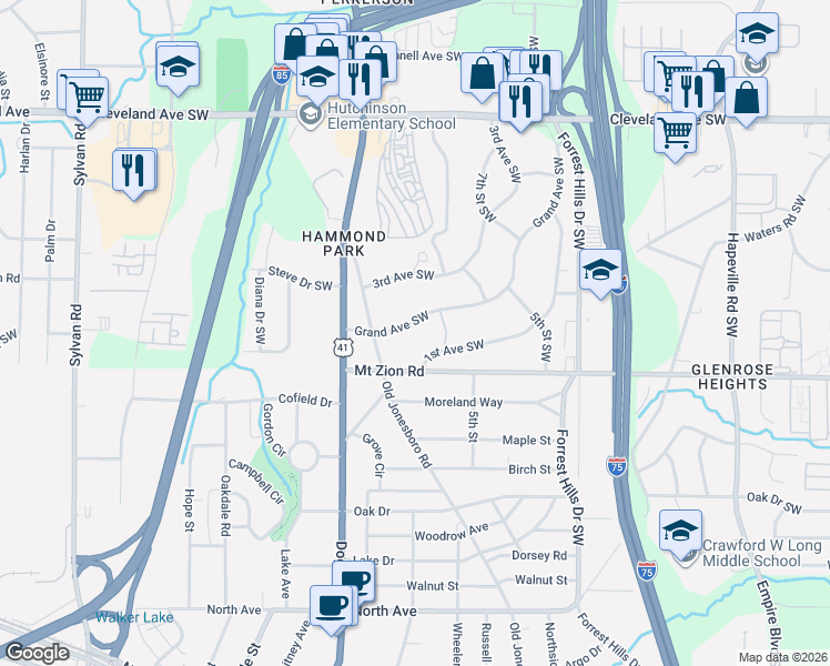 map of restaurants, bars, coffee shops, grocery stores, and more near 2981 Grand Avenue Southwest in Atlanta
