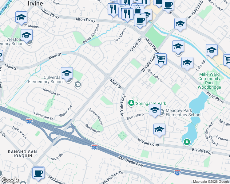 map of restaurants, bars, coffee shops, grocery stores, and more near 11 Woodfern in Irvine