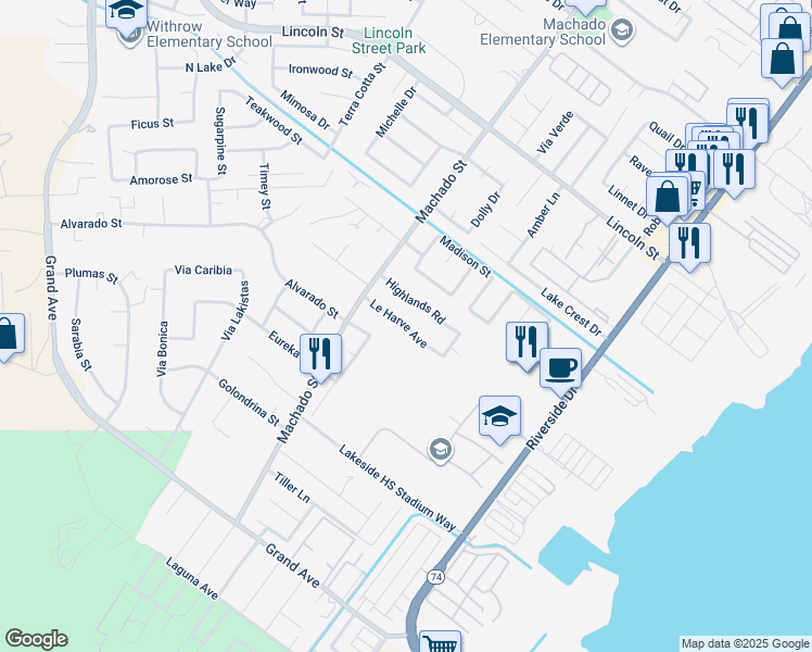 map of restaurants, bars, coffee shops, grocery stores, and more near 639 Highlands Road in Lake Elsinore