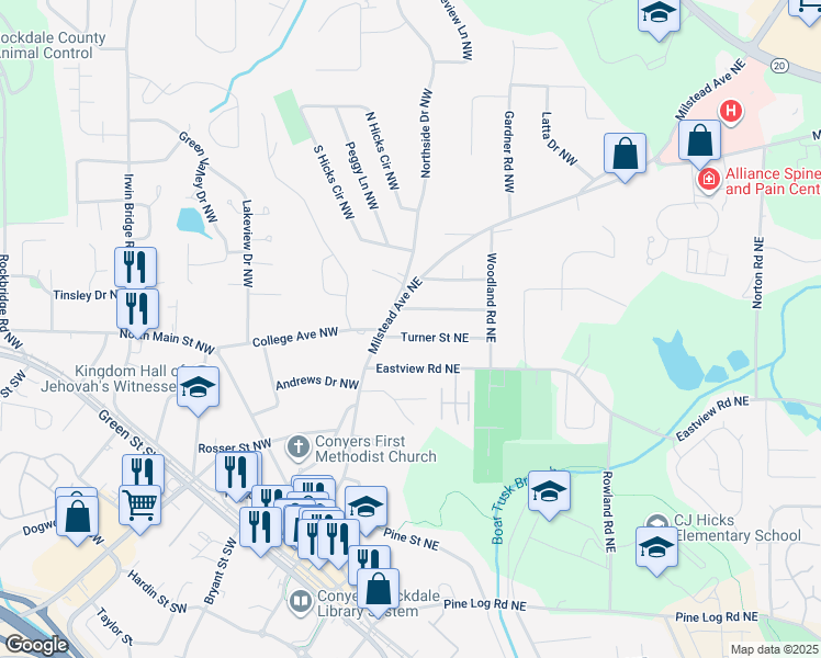 map of restaurants, bars, coffee shops, grocery stores, and more near 1024 McCalla Street Northeast in Conyers