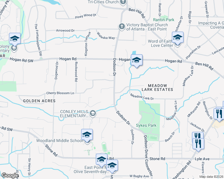 map of restaurants, bars, coffee shops, grocery stores, and more near 2962 Dodson Drive in East Point
