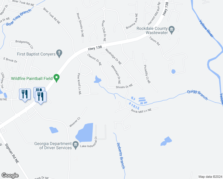 map of restaurants, bars, coffee shops, grocery stores, and more near 2315 Shoals Drive Northeast in Conyers
