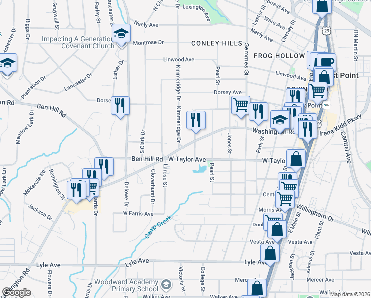 map of restaurants, bars, coffee shops, grocery stores, and more near 2942 Kimmeridge Drive in East Point