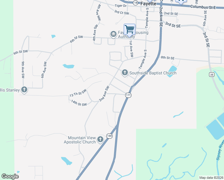 map of restaurants, bars, coffee shops, grocery stores, and more near 114-230 12 Th Street Southwest in Fayette