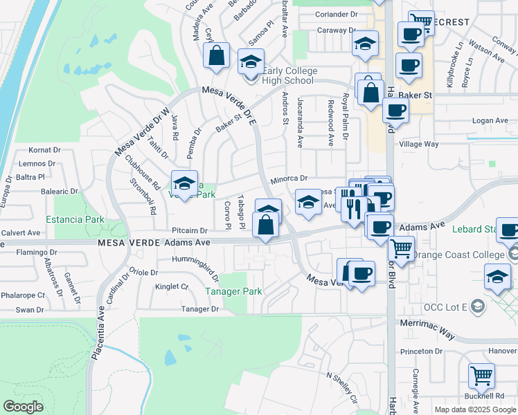 map of restaurants, bars, coffee shops, grocery stores, and more near 2865 Serang Place in Costa Mesa