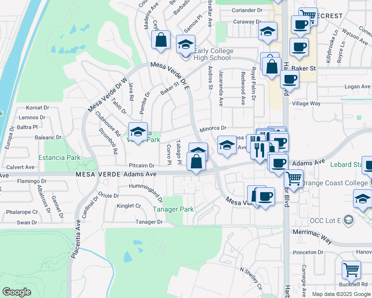 map of restaurants, bars, coffee shops, grocery stores, and more near 2855 Serang Place in Costa Mesa