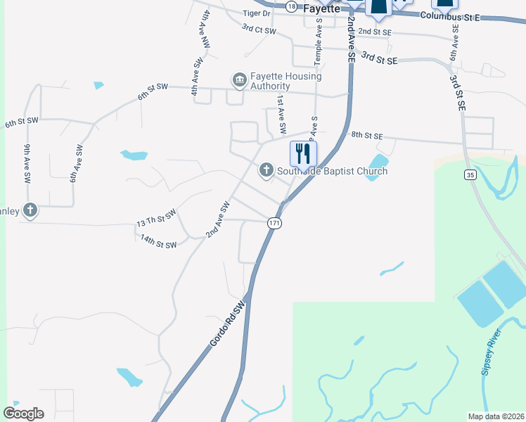 map of restaurants, bars, coffee shops, grocery stores, and more near 114 12th Street Southwest in Fayette