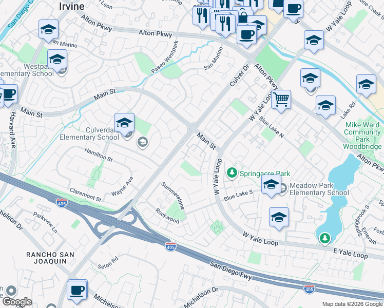 map of restaurants, bars, coffee shops, grocery stores, and more near 30 Fox Hollow in Irvine
