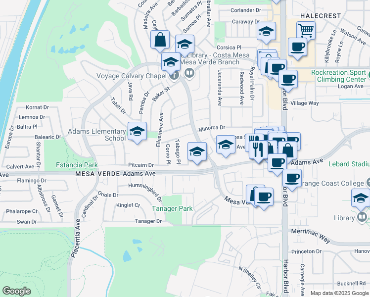 map of restaurants, bars, coffee shops, grocery stores, and more near 2855 Serang Place in Costa Mesa