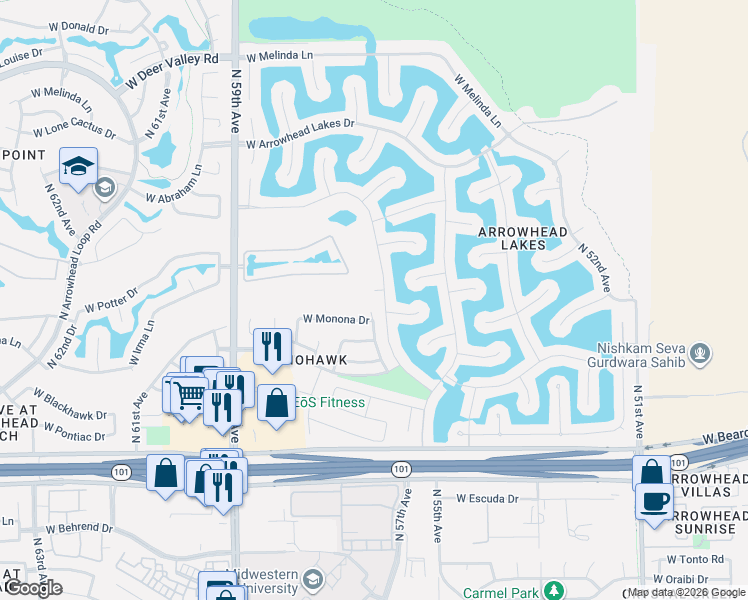 map of restaurants, bars, coffee shops, grocery stores, and more near 20740 North 56th Avenue in Glendale