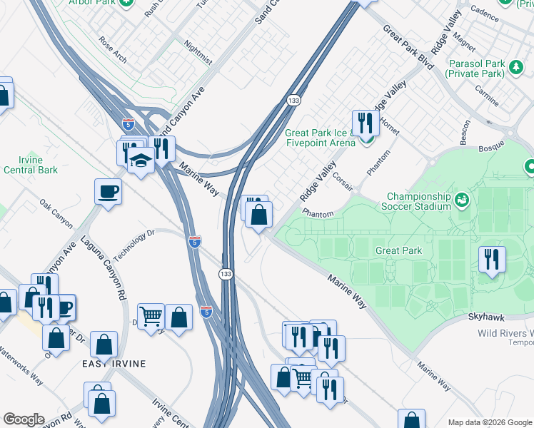 map of restaurants, bars, coffee shops, grocery stores, and more near 140 Palencia in Irvine