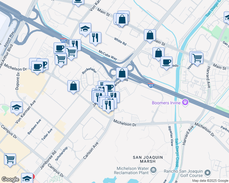 map of restaurants, bars, coffee shops, grocery stores, and more near 3121 Michelson Drive in Irvine