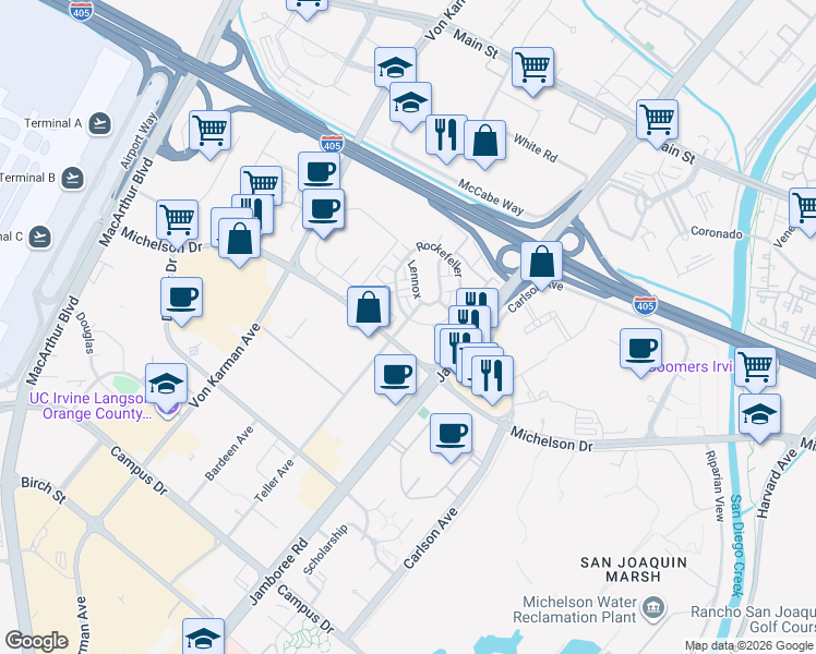 map of restaurants, bars, coffee shops, grocery stores, and more near 808 Rockefeller in Irvine