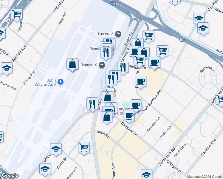 map of restaurants, bars, coffee shops, grocery stores, and more near 18 Airport Way in Irvine