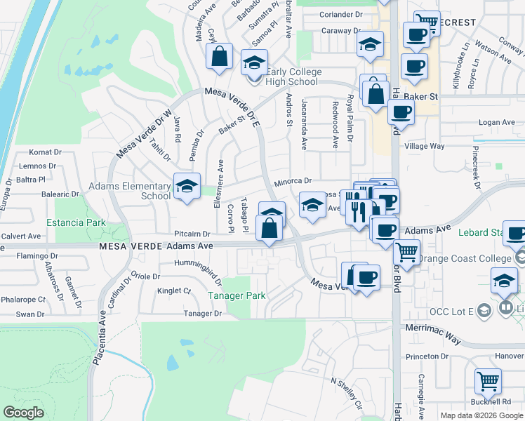 map of restaurants, bars, coffee shops, grocery stores, and more near 2865 Serang Place in Costa Mesa