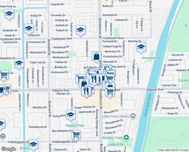 map of restaurants, bars, coffee shops, grocery stores, and more near 9889 Continental Drive in Huntington Beach