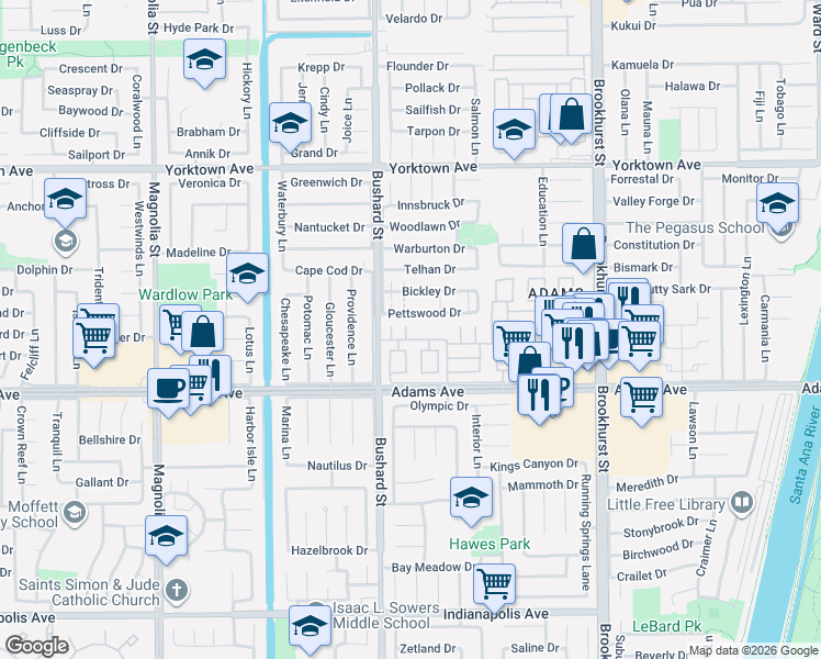 map of restaurants, bars, coffee shops, grocery stores, and more near 9565 Pettswood Drive in Huntington Beach