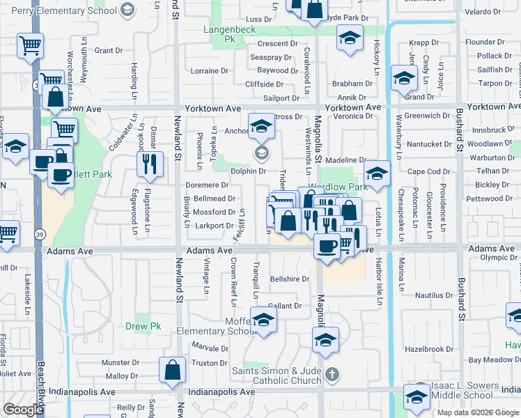 map of restaurants, bars, coffee shops, grocery stores, and more near 19792 Estuary Lane in Huntington Beach