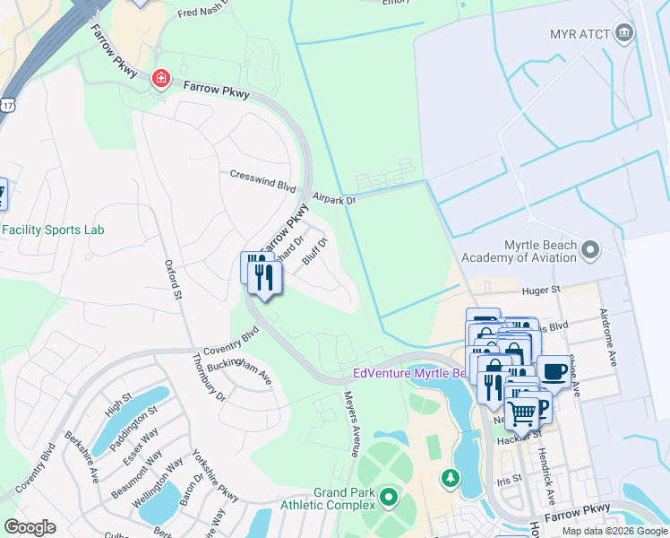map of restaurants, bars, coffee shops, grocery stores, and more near 1850 Bluff Drive in Myrtle Beach