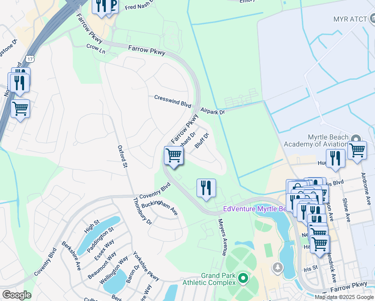 map of restaurants, bars, coffee shops, grocery stores, and more near 1805 Bluff Drive in Myrtle Beach