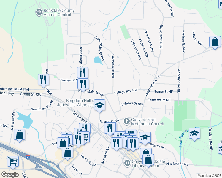 map of restaurants, bars, coffee shops, grocery stores, and more near 1180 Lakeview Drive Northwest in Conyers