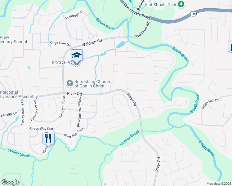 map of restaurants, bars, coffee shops, grocery stores, and more near 3470 River Road in Decatur
