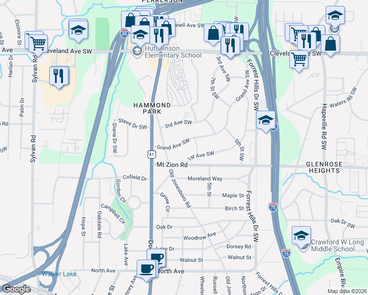 map of restaurants, bars, coffee shops, grocery stores, and more near 2981 Grand Avenue Southwest in Atlanta