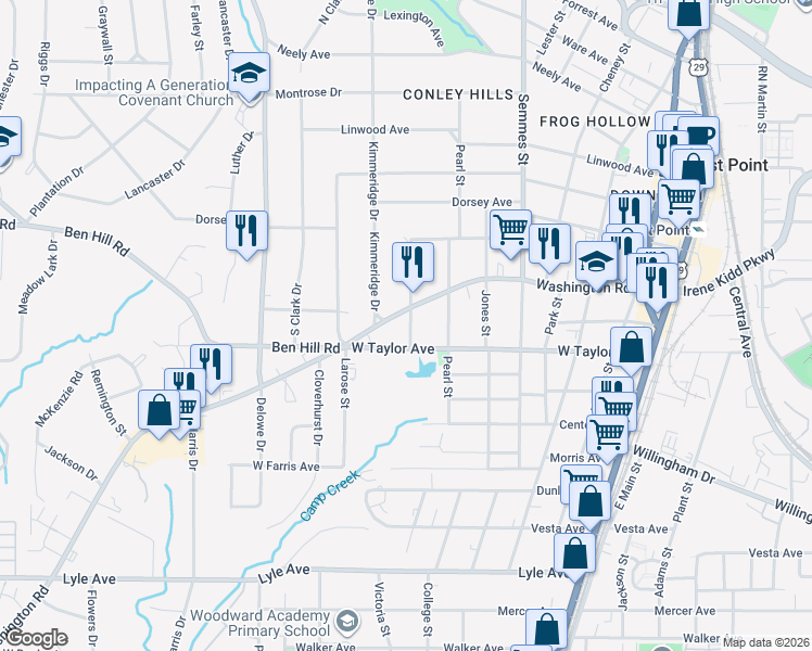 map of restaurants, bars, coffee shops, grocery stores, and more near 1925 Washington Road in East Point