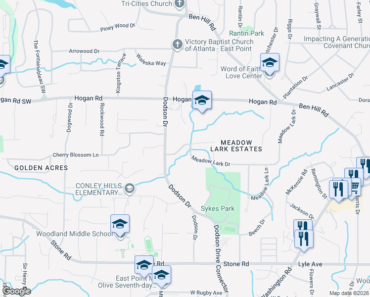 map of restaurants, bars, coffee shops, grocery stores, and more near 2647 Rolling Brook Trail in East Point