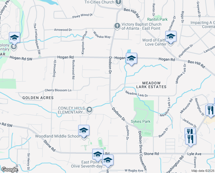 map of restaurants, bars, coffee shops, grocery stores, and more near 2962 Dodson Drive in East Point