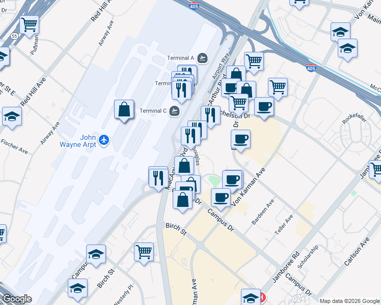 map of restaurants, bars, coffee shops, grocery stores, and more near 18872 Macarthur Boulevard in Irvine