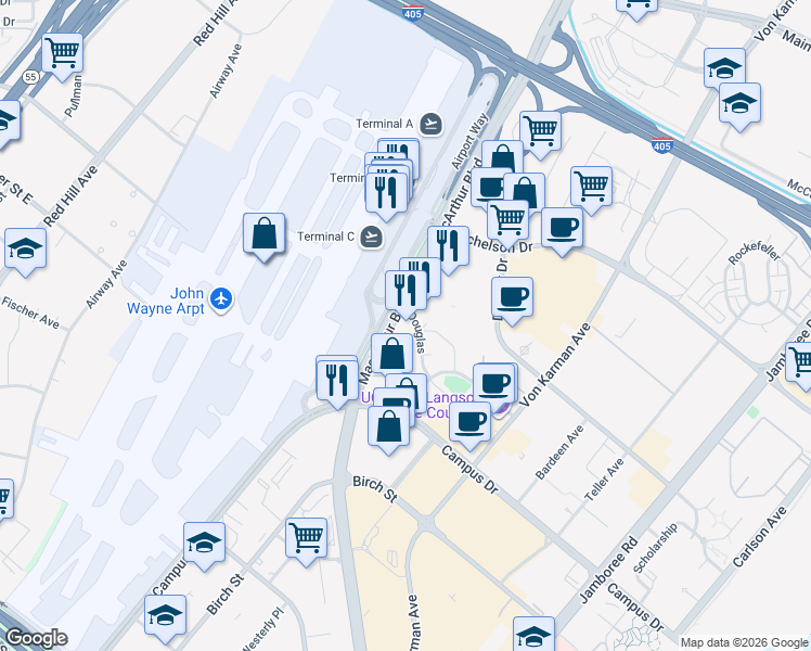 map of restaurants, bars, coffee shops, grocery stores, and more near 18872 Macarthur Boulevard in Irvine
