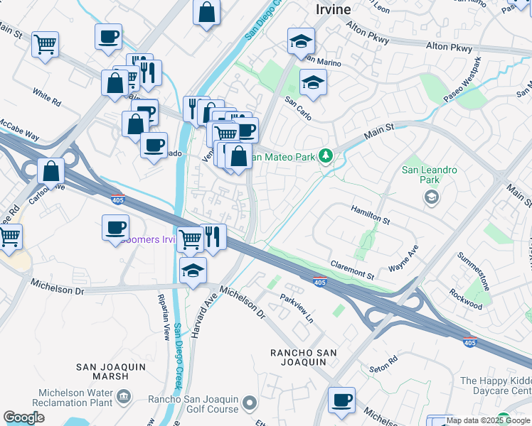 map of restaurants, bars, coffee shops, grocery stores, and more near 126 Almador in Irvine