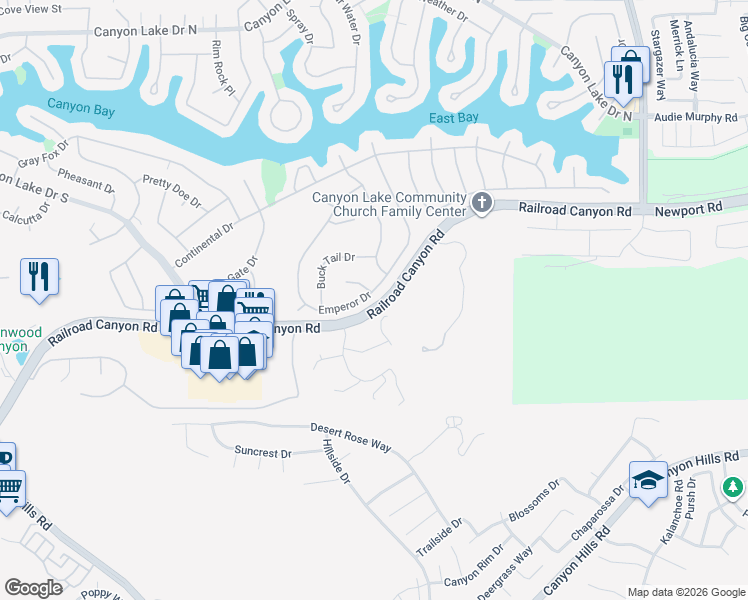 map of restaurants, bars, coffee shops, grocery stores, and more near 30880 Emperor Drive in Canyon Lake