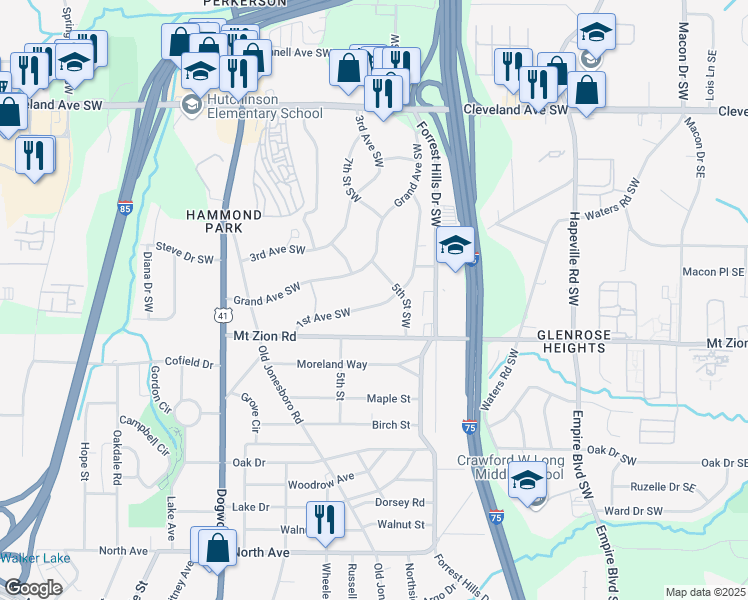 map of restaurants, bars, coffee shops, grocery stores, and more near 2973 1st Avenue Southwest in Atlanta
