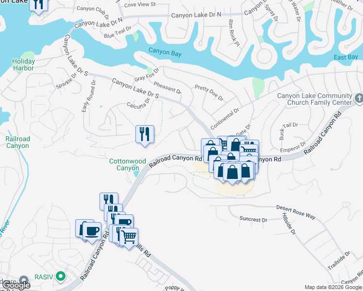 map of restaurants, bars, coffee shops, grocery stores, and more near 30701 Burning Tree Drive in Canyon Lake