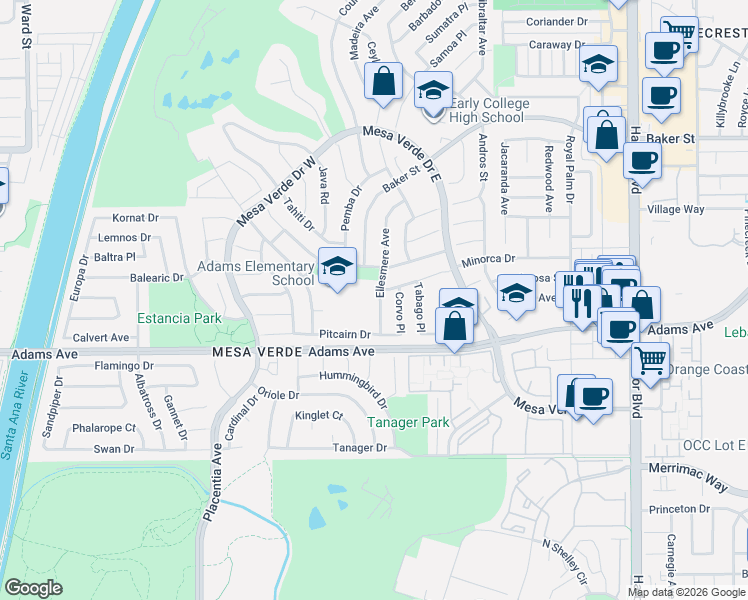 map of restaurants, bars, coffee shops, grocery stores, and more near 1734 Minorca Place in Costa Mesa