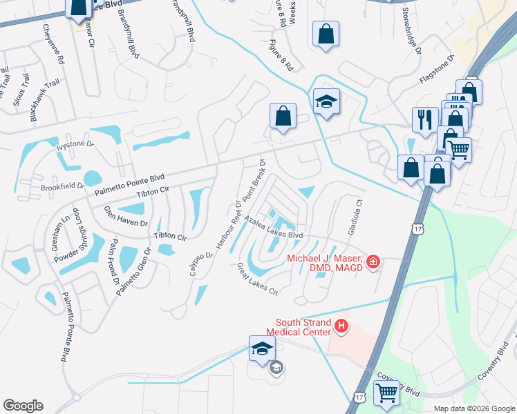 map of restaurants, bars, coffee shops, grocery stores, and more near 955 Wrigley Drive in Myrtle Beach