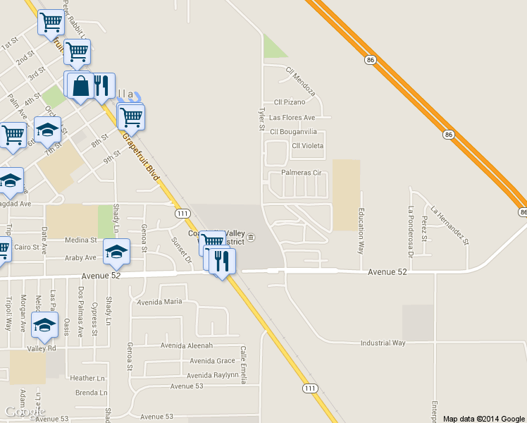 map of restaurants, bars, coffee shops, grocery stores, and more near 51501 Tyler Street in Coachella