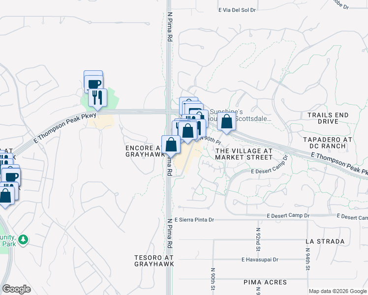 map of restaurants, bars, coffee shops, grocery stores, and more near 20753 North Pima Road in Scottsdale