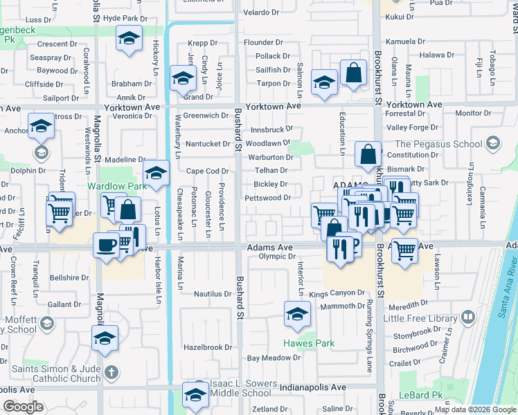 map of restaurants, bars, coffee shops, grocery stores, and more near 19846 Lures Lane in Huntington Beach