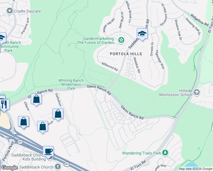map of restaurants, bars, coffee shops, grocery stores, and more near 1592 Sunset View Drive in Trabuco Canyon