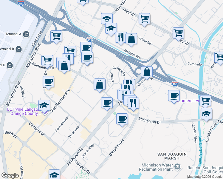 map of restaurants, bars, coffee shops, grocery stores, and more near 1209 Rivington in Irvine
