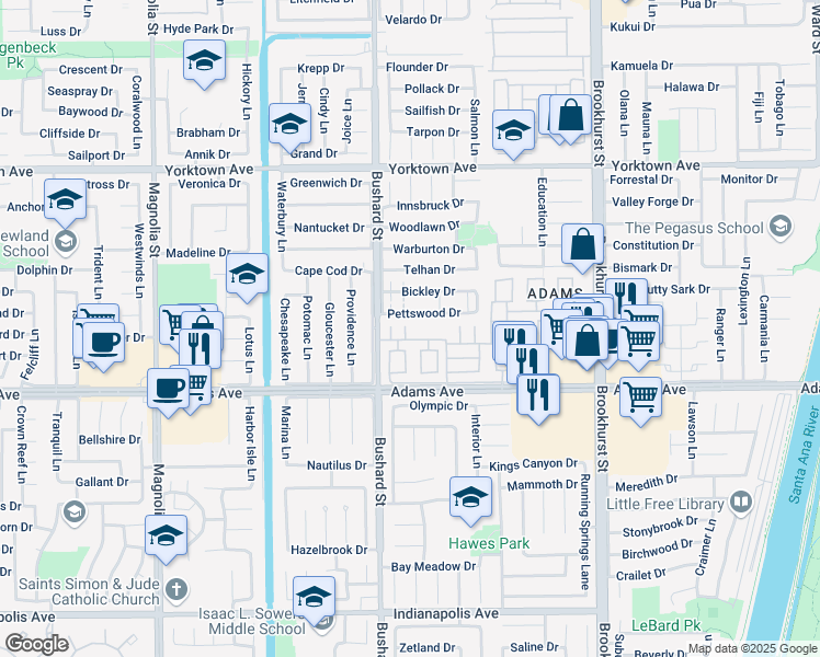 map of restaurants, bars, coffee shops, grocery stores, and more near 19846 Lures Lane in Huntington Beach